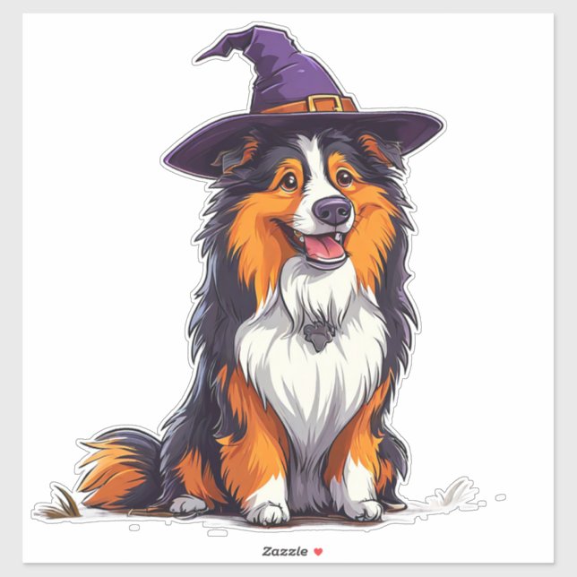 Pegatina Perro Feliz con un Sombrero de Bruja (Hoja)