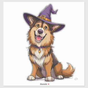 Pegatina Perro Feliz con un Sombrero de Bruja