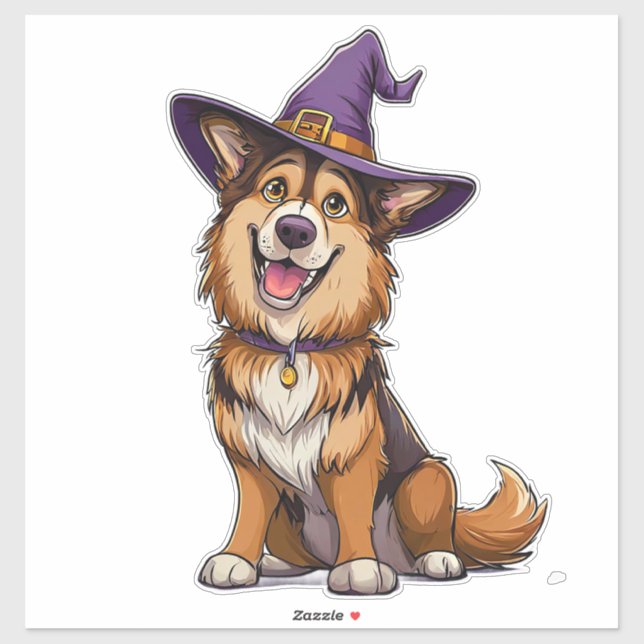 Pegatina Perro Feliz con un Sombrero de Bruja (Hoja)