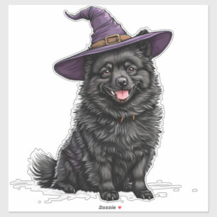 Pegatina Perro Negro con Sombrero de Brujo de Halloween