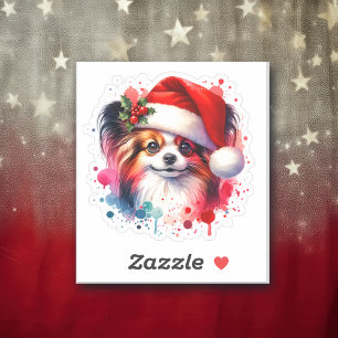 Pegatina Perro Papillon en Navidades de Santa Hat
