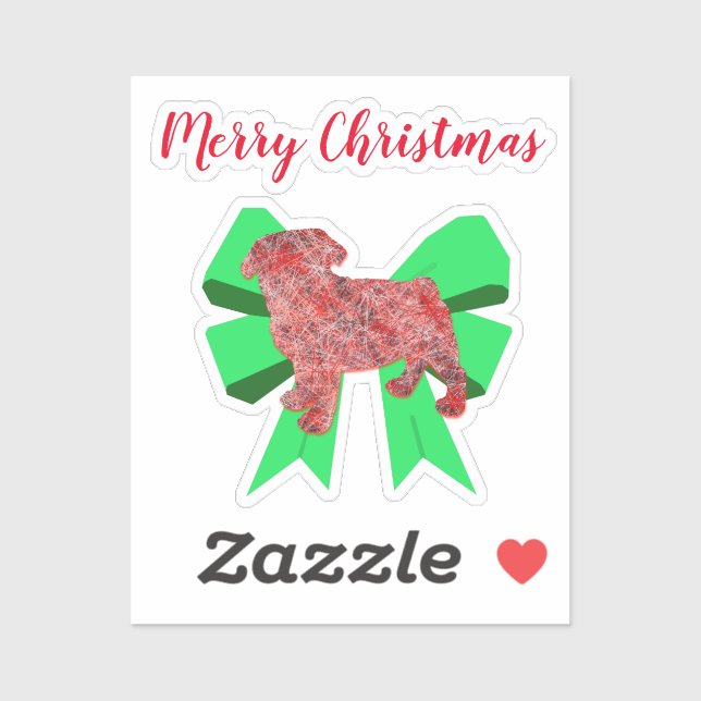 Pegatina Perro Pug Silhouette Green Bow Christmas Sticker (Hoja)