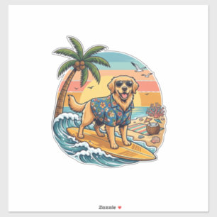 Pegatina Perro Retriever Dorado Surfing Surfboard Atardecer