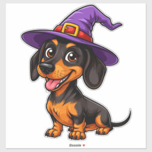 Pegatina Perro salchicha sombrero de mago púrpura adorable 