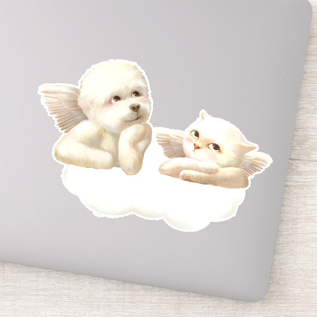 Pegatina Perro y gato angélicos en la nube (Detalle)