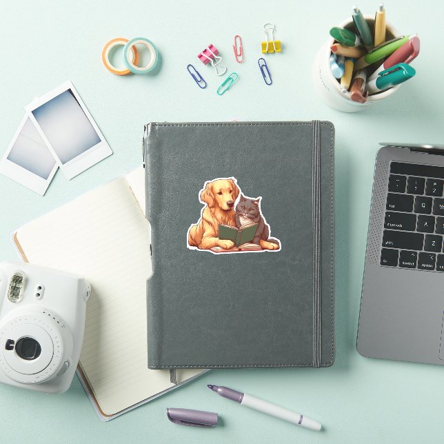Pegatina Perro y gato leyendo un libro (Funda para iPad)