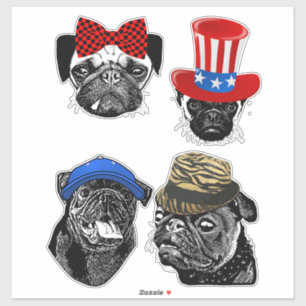 Pegatina Perros de pug con Gorras y un arco Arte mascota or