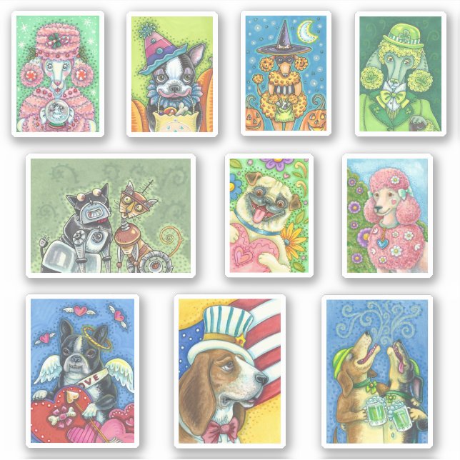 PEGATINA PERROS MIXTOS DE VACACIONES ROBOT BOSTON POODLE HO (Anverso)