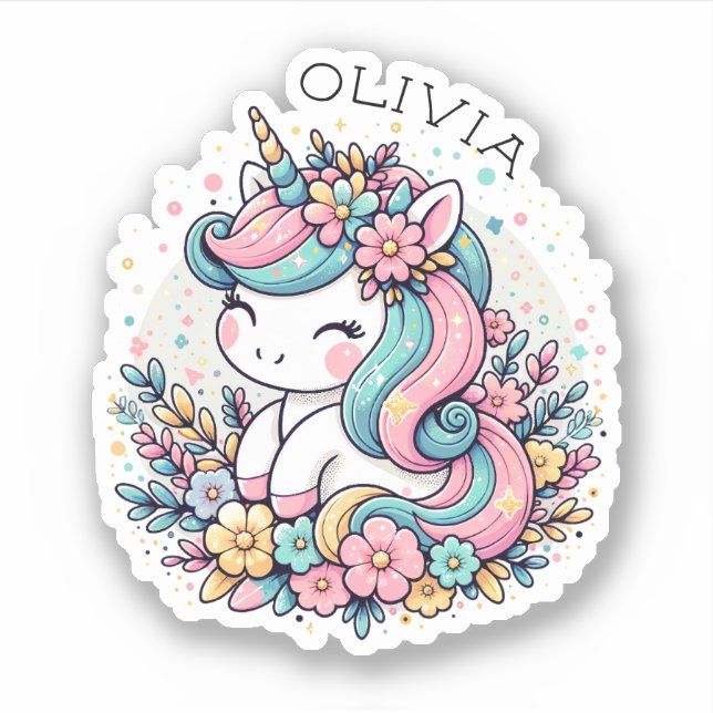 Pegatina Personalización de unicornio rosa y azul y flores (Anverso)