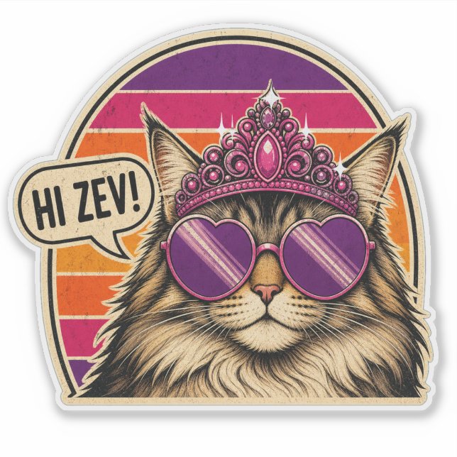 Pegatina personalizada de la Reina Gato Retro con  (Anverso)