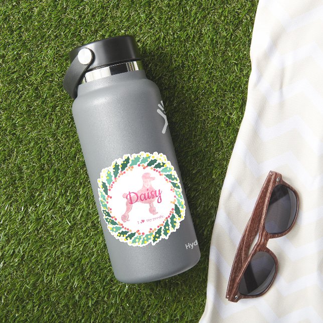 Pegatina personalizada de Navidad de caniche rosa  (HydroFlask Insitu)