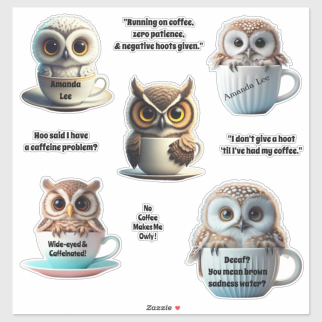 Pegatina Personalizado Baby Chibi Owl Coffee Avers Personal (Hoja)