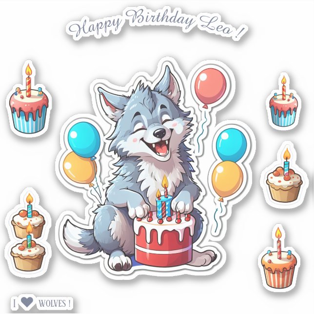 Pegatina Personalizado Baby Wolf - Feliz cumpleaños persona (Anverso)