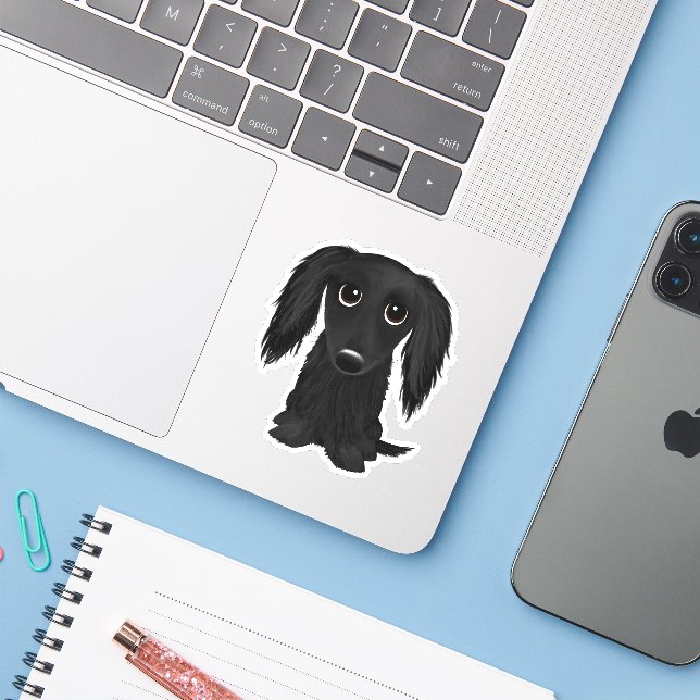 Pegatina Personalizado Dachshund negro de pelo largo (Ordenado portátil con iPhone)