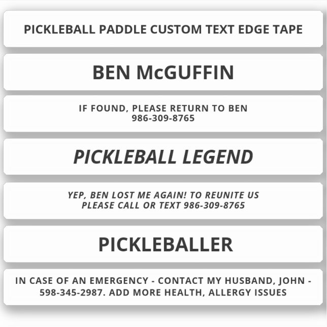 Pegatina Personalizado de cinta White Pickleball Paddle Edg (Anverso)