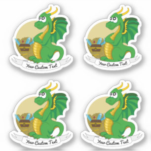 Pegatina Personalizado dragón verde con tesoro y texto