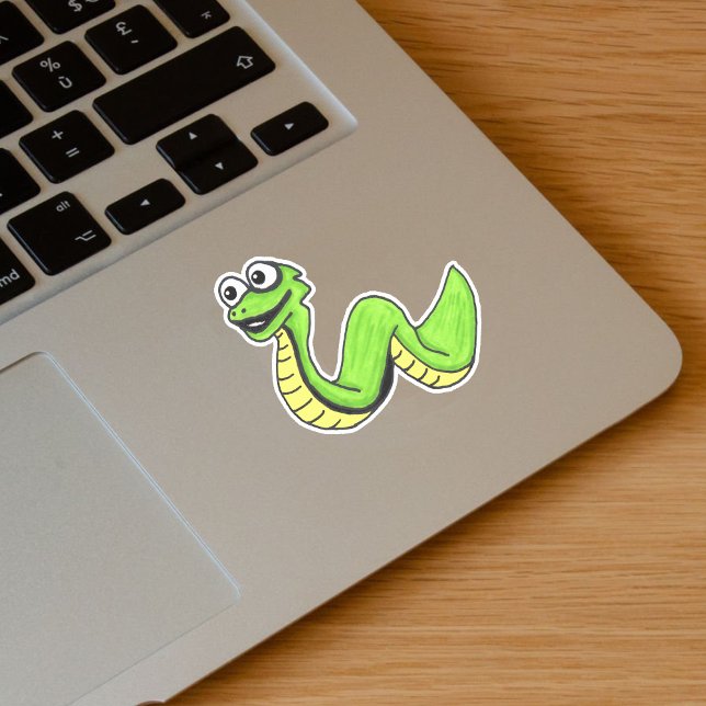 Pegatina Personalizado Neon La serpiente verde ojos grandes (Bright green cartoon snake big white eyes on vinyl sticker.)