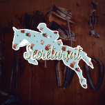 Pegatina Personalizado Vintage Floral Hunter Jumper Tack Tr<br><div class="desc">Decoración de su tronco de tachuela o tote de grooming con este diseño de personalizable! El nombre de tu caballo está escrito en una letra muy animada y acentuado con un vintage caballo de caza con estampado floral azul vintage y silueta de jinete. También un gran regalo personalizado para el...</div>