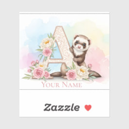 Pegatina Personalized Floral Monogram 'A' with Cute Ferret 