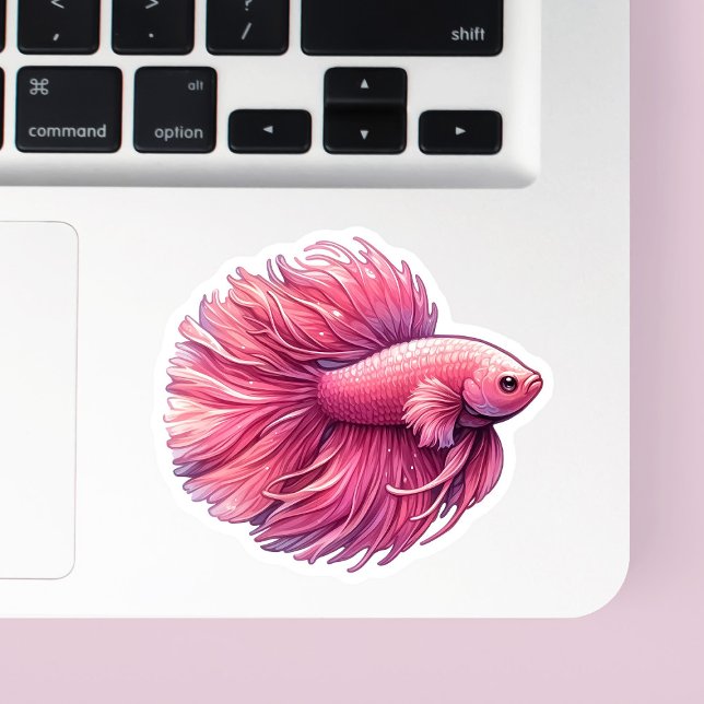 Pegatina Pescado Betta Rosa (Pink betta fish vinyl sticker on a laptop.)