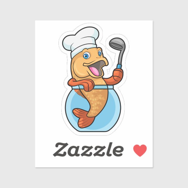 Pegatina Pez en vaso como cocinero con cuchara de sopa (Hoja)