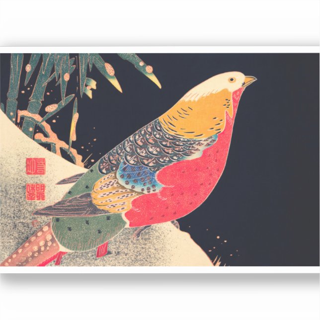 Pegatina Pheasant Golden Vintage Bird Japanese Woodblock Pr (Anverso)