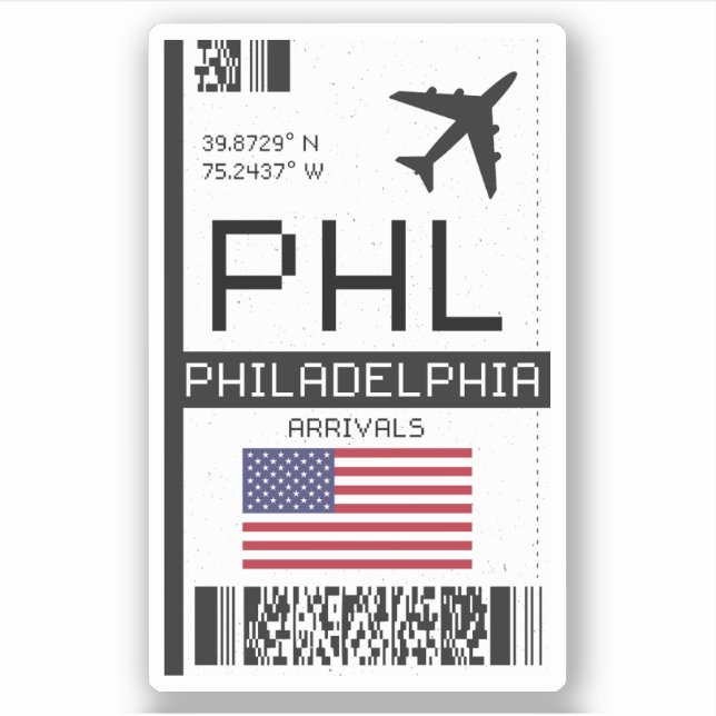 Pegatina PHL Philadelphia, tarjeta de embarque del aeropuer (Anverso)