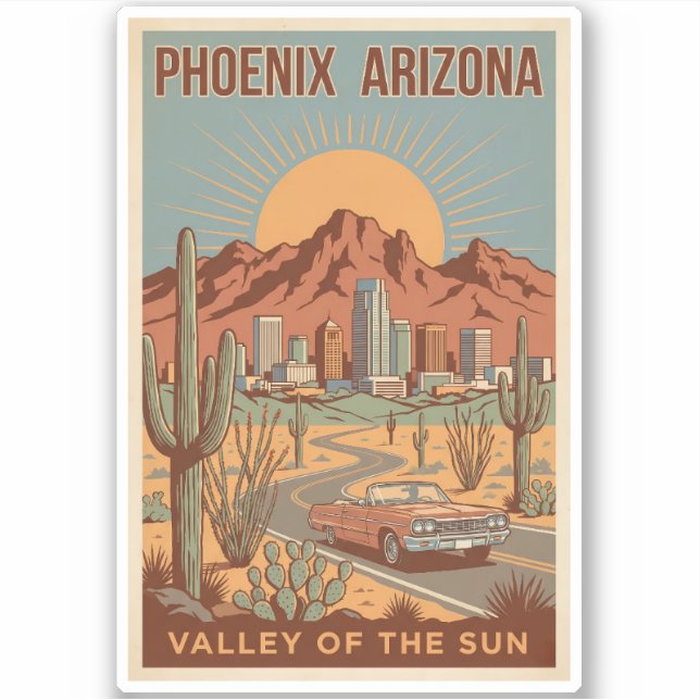 Pegatina Phoenix Arizona Sun Illustration Travel Art Retro (Anverso)