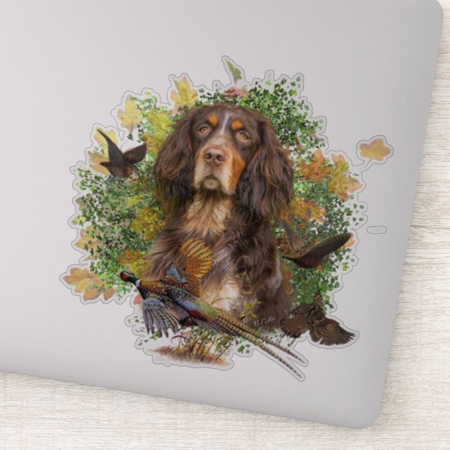 Pegatina Picardía Spaniel, temporada de caza (Detalle)