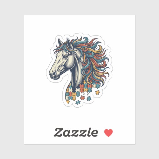 Pegatina Pieza de rompecabezas de caballo colorido grabado  (Hoja)