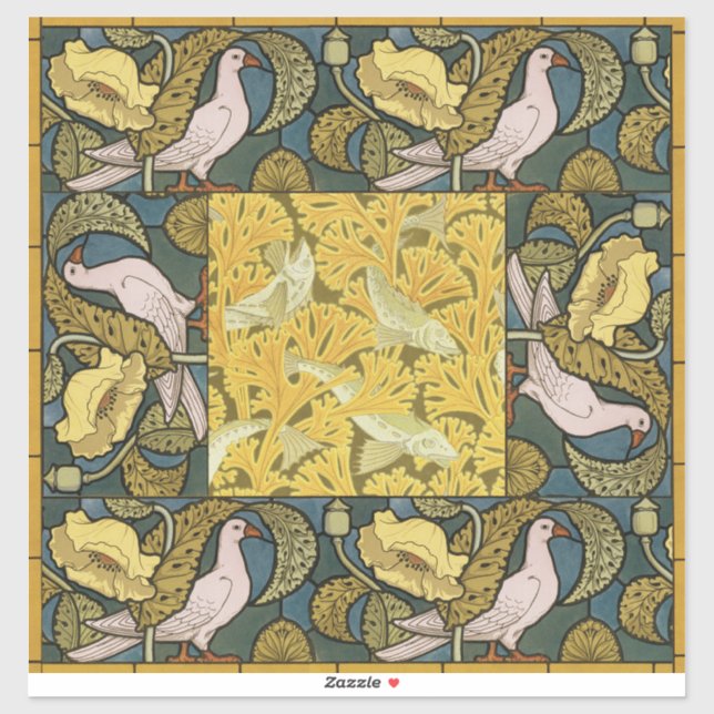 Pegatina Pigeon Blue Yellow Fish Art Nouveau (Hoja)