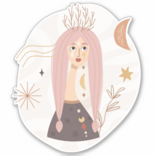 Pegatina Pígtails rosados boho mujer flores afirmación luna
