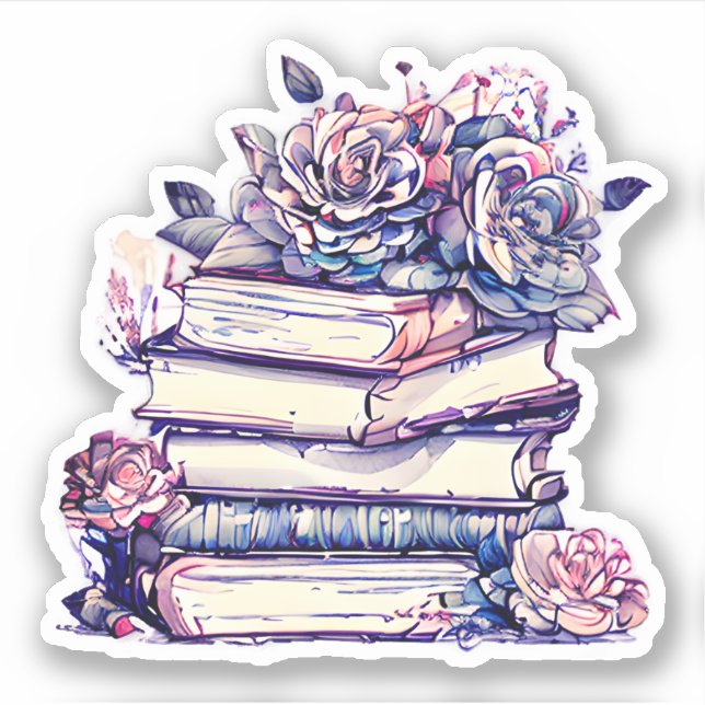 Pegatina Pila de libros antiguos y rosas (Anverso)