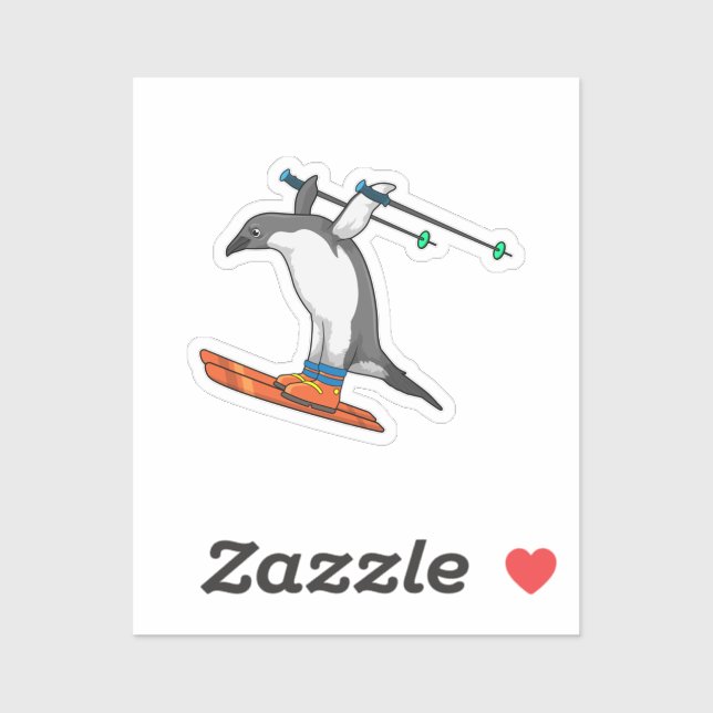 Pegatina Pingüino como saltador de esquí con esquí (Hoja)