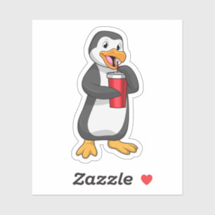 Pegatina Pingüino con taza de bebida con paja