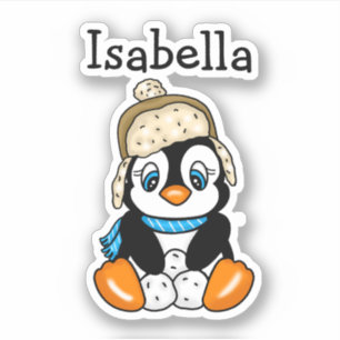 Pegatina Pingüino dibujado a mano adorable con bolas de nie