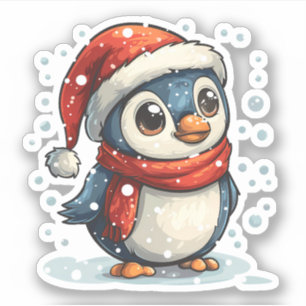 Pegatina Pingüino nevado que lleva sombrero y bufanda
