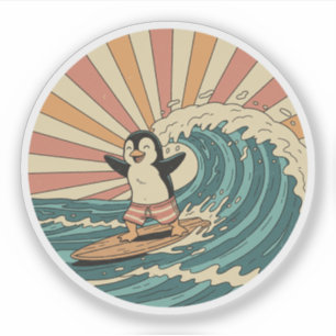 Pegatina Pingüino Surfista Retro - Vibra de Verano de Playa
