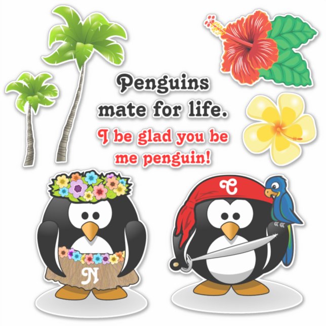 Pegatina Pingüinos Tropicales Pareja Hula Pirate Árboles de (Anverso)