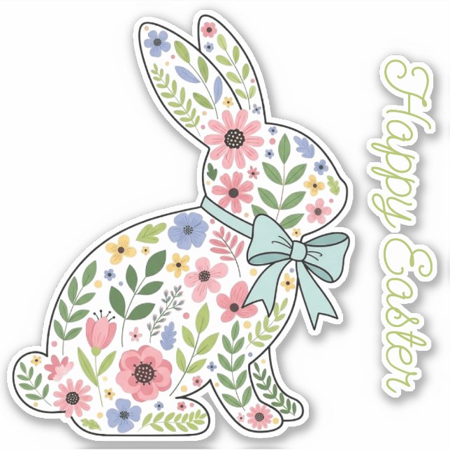 Pegatina Pink and Blue Wildflower Easter Rabbit (Anverso)