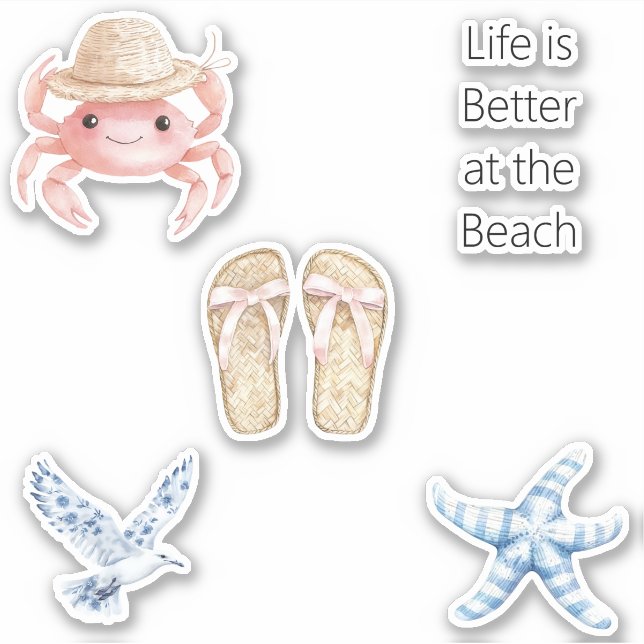 Pegatina Pink Crab Beach Blue Starfish Bird Sandals (Anverso)