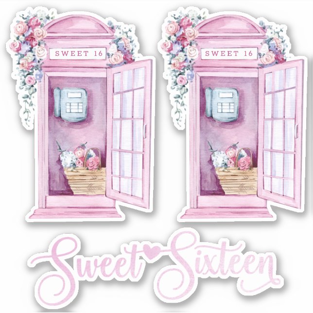 Pegatina Pink Floral Phone Booth | Dulce 16 (Anverso)