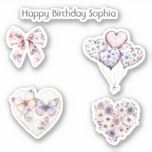 Pegatina Pink Purple Floral Heart Balloons Birthday (Anverso)
