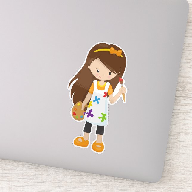 Pegatina Pintor, Artista de pintura, Chica lindo, pelo marr (Detalle)