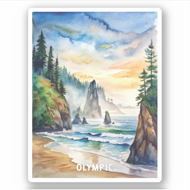 Pegatina Pintura de acuarela del Parque Nacional Olímpico (Anverso)
