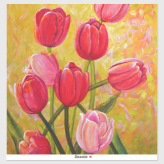Pegatina Pintura de tulipanes rosados y rojos