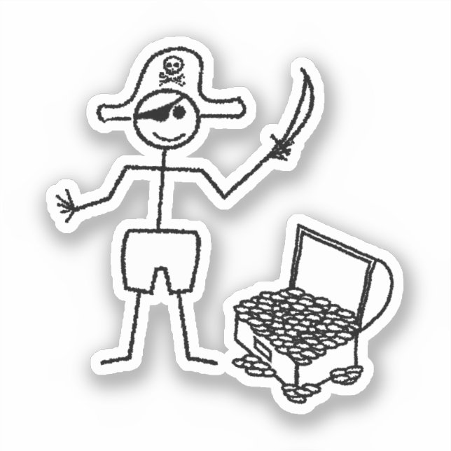 Pegatina Pirata Stickman con el tesoro del pecho (Anverso)