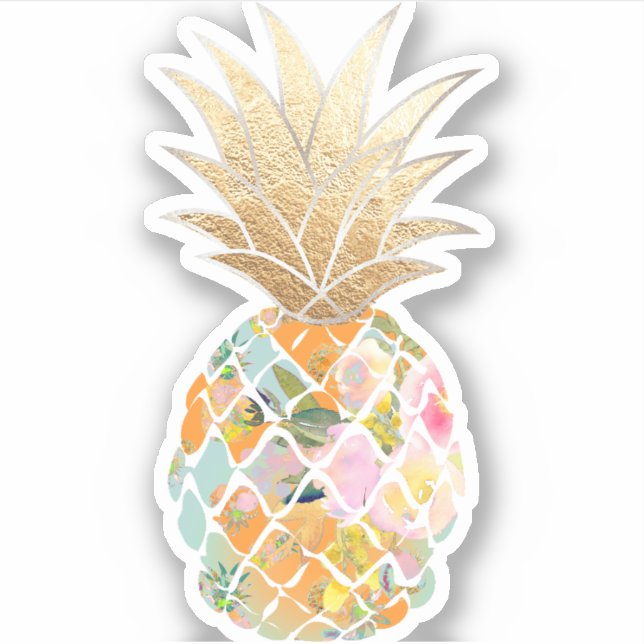 Pegatina PixDezines Blue Aloha Pineapple, Faux Gold Crown (Anverso)