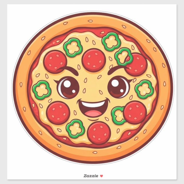 Pegatina Pizza De Dibujos Animados Feliz Con Pepperoni (Hoja)