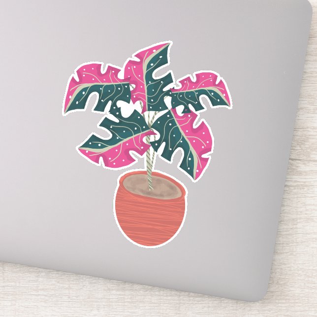Pegatina Planta Monstera Rosa Dibujada a Mano (Detalle)